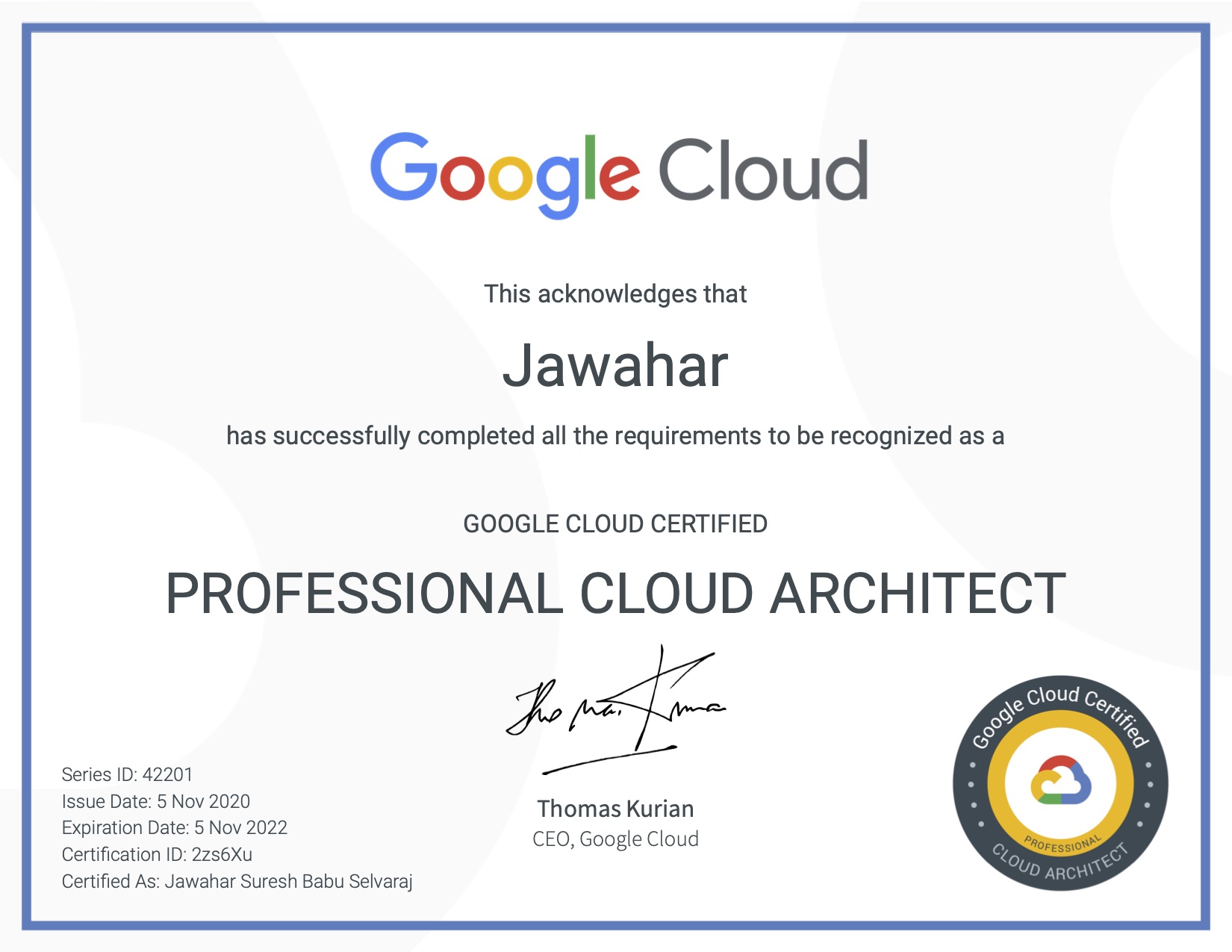 Jawahar - Professional Cloud Architect Jawahar - Professional Cloud Architect