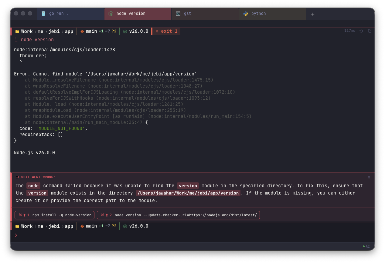 jebi explaining a missing node module error with a one-line fix
