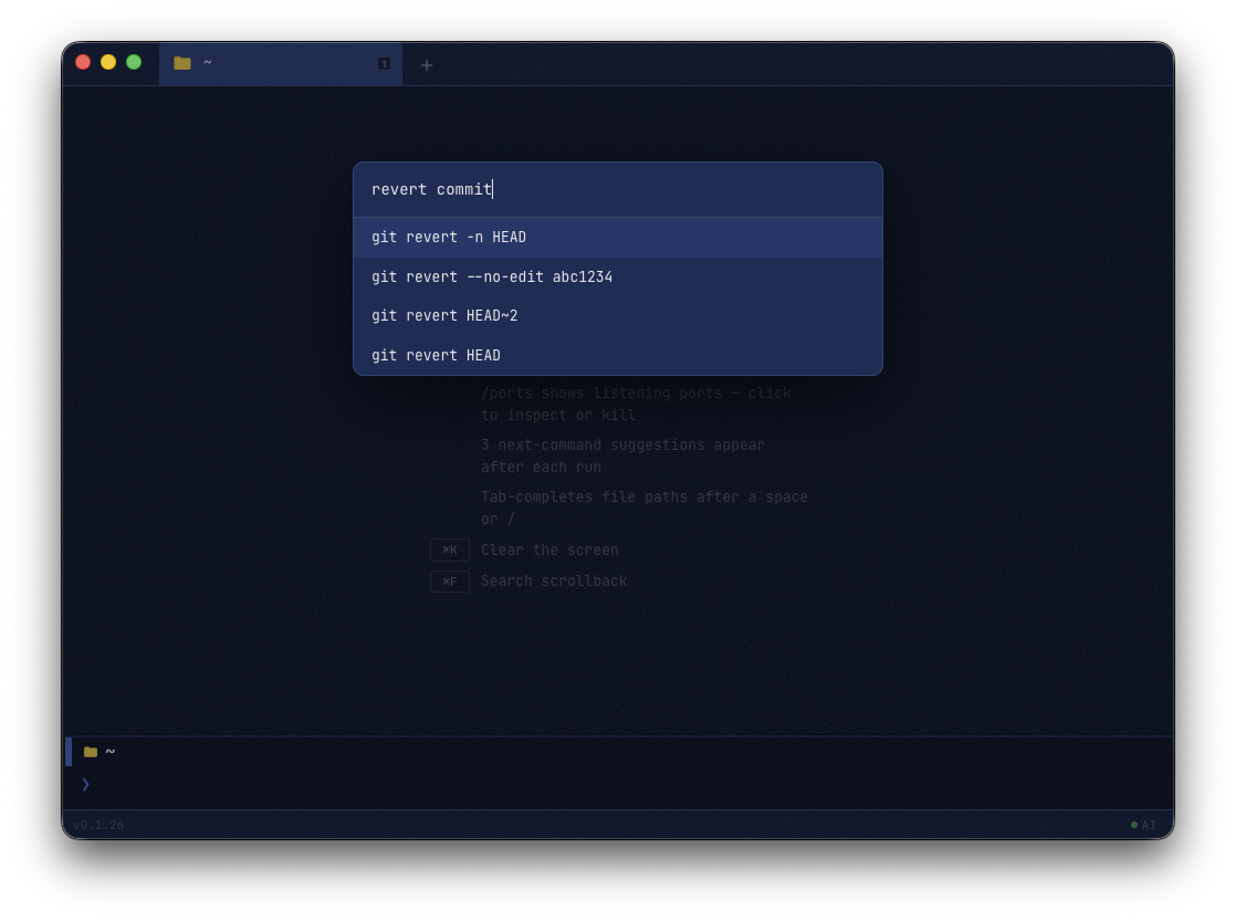 The slash command palette showing /ask, /run, /history, /ports and other built-ins
